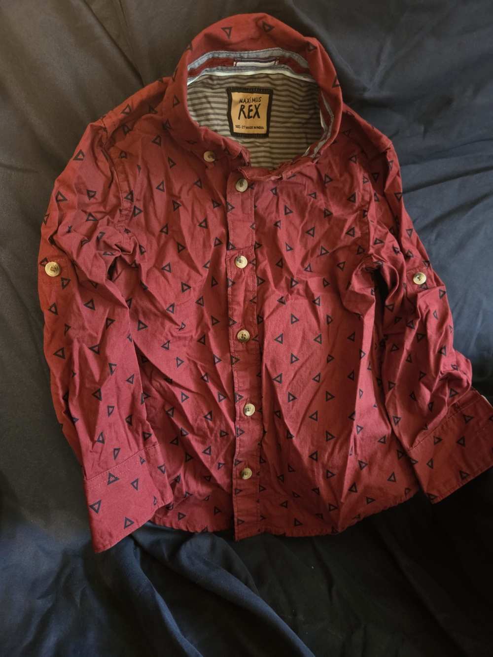 Maximus Rex Geometric Button Down Shirt in Maroon Red & Blue Size 2T